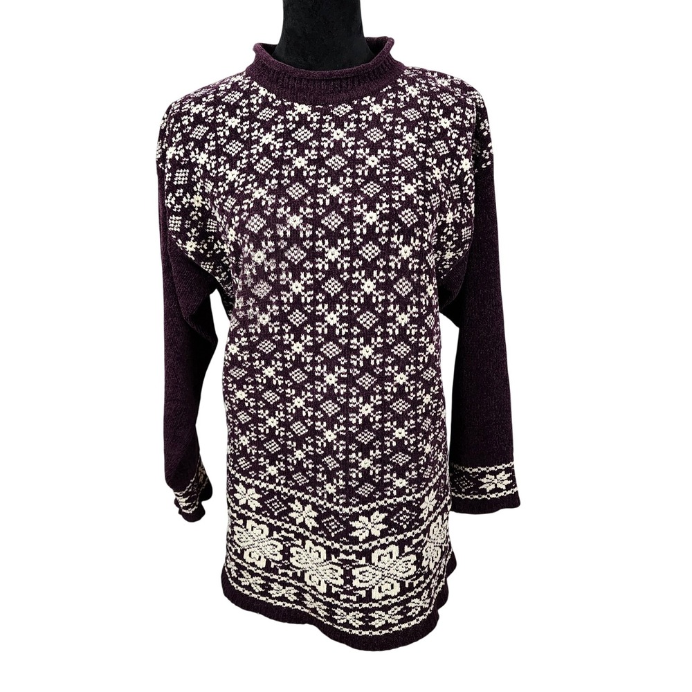 Vintage ERIKA CLASSICS Size Large Dark Purple Chenille Snowflake Holiday Sweater